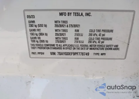 2023 Tesla Model Y Performance Dual Motor All-Wheel Drive z USA, uszkodzony, nr VIN 7SAYGDEF9PF778749